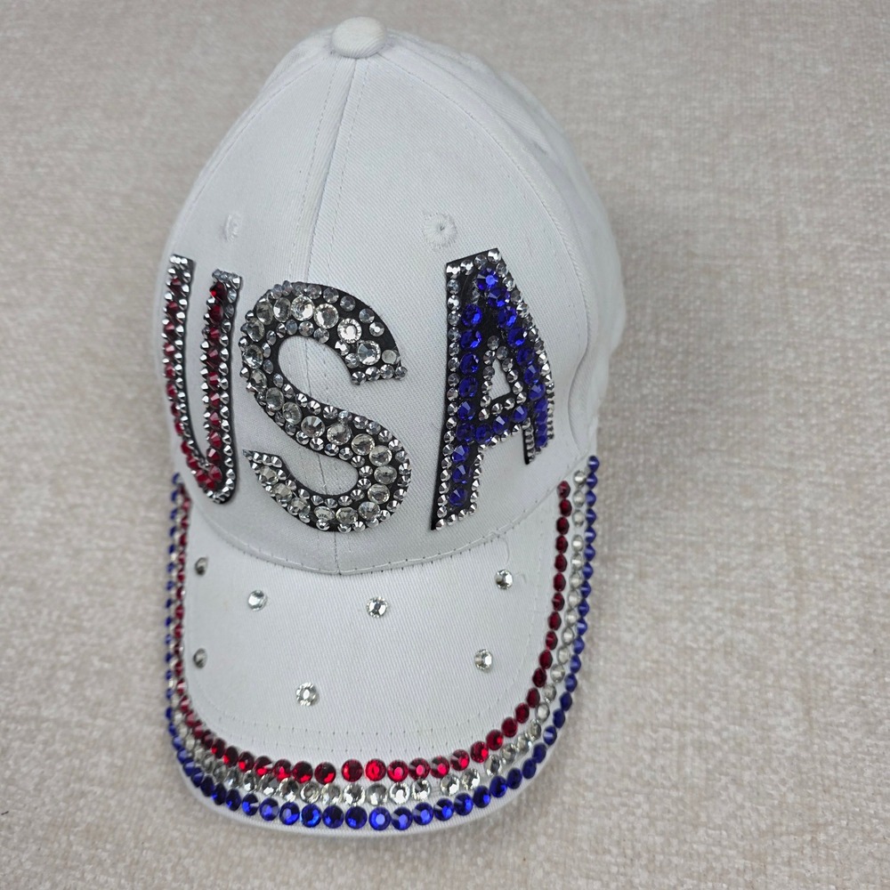 USA Rhinestone Baseball‎ Cap White Patriotic Red Blue Crystal Adjustable Hat